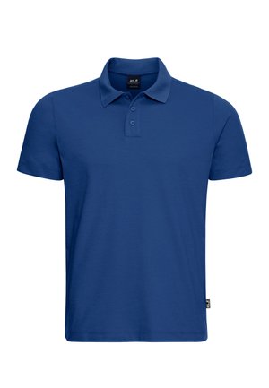Blue short-sleeve polo shirt with two buttons and a collar, featuring a small brand tag on the bottom side seam.