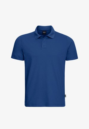 Blue short-sleeve polo shirt with two buttons and a collar, featuring a small brand tag on the bottom side seam.