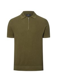 Olivgrünes Poloshirt mit Reißverschluss am Kragen, kurzen Ärmeln, strukturiertem Strickstoff sowie geripptem Saum und Ärmelsäumen.