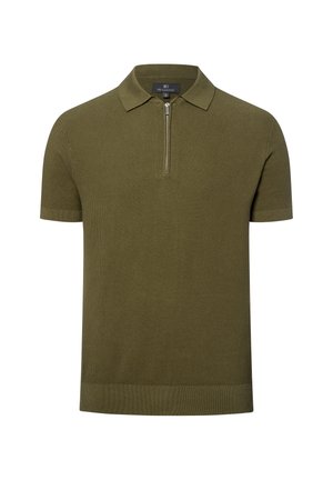 Olivgrünes Poloshirt mit Reißverschluss am Kragen, kurzen Ärmeln, strukturiertem Strickstoff sowie geripptem Saum und Ärmelsäumen.