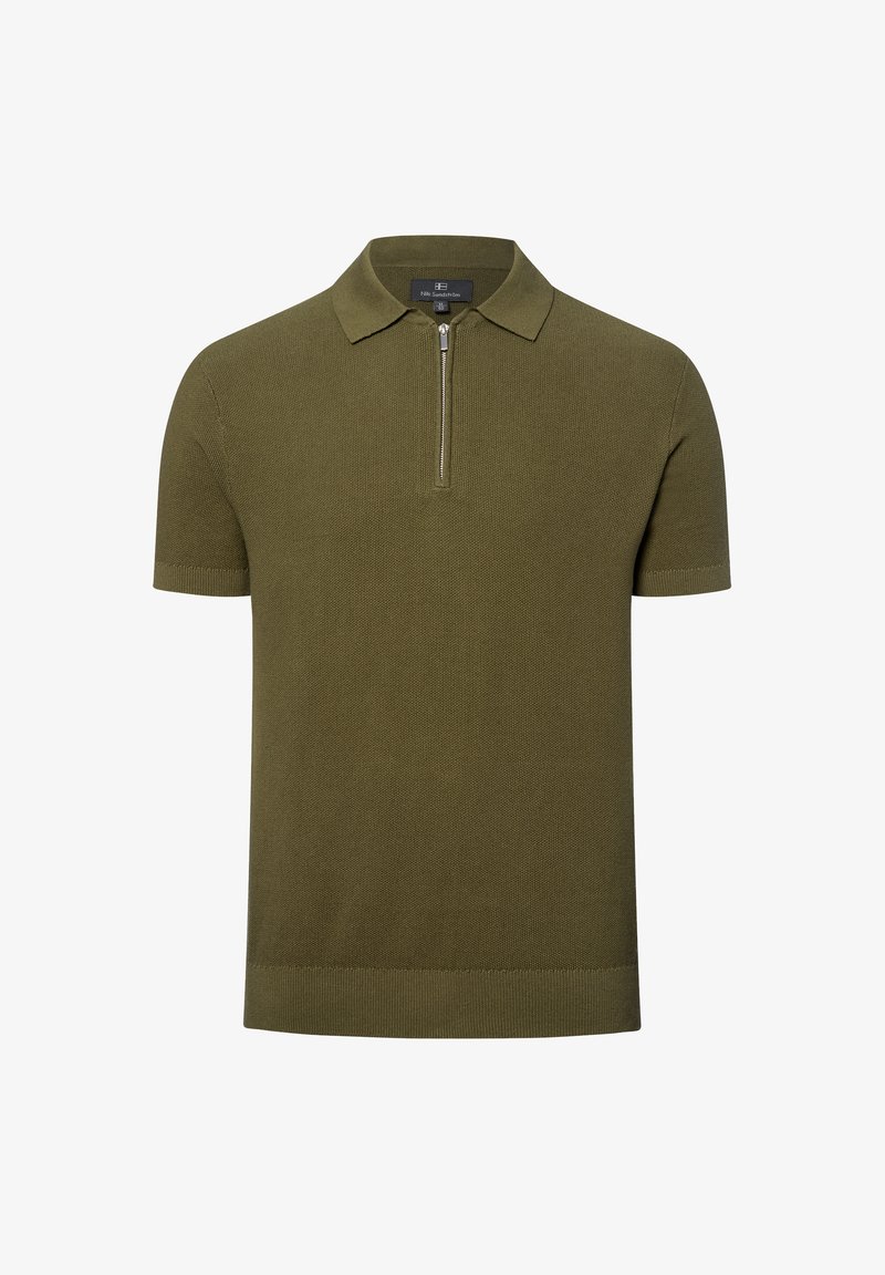 Olivgrünes Poloshirt mit Reißverschluss am Kragen, kurzen Ärmeln, strukturiertem Strickstoff sowie geripptem Saum und Ärmelsäumen.