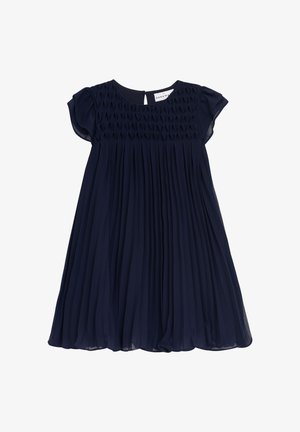 Königsblaues, plissiertes Kleid mit einem strukturierten Oberteil, kurzen Ärmeln und einem Schlüssellochverschluss auf der Rückseite. Aus leichtem Stoff gefertigt.