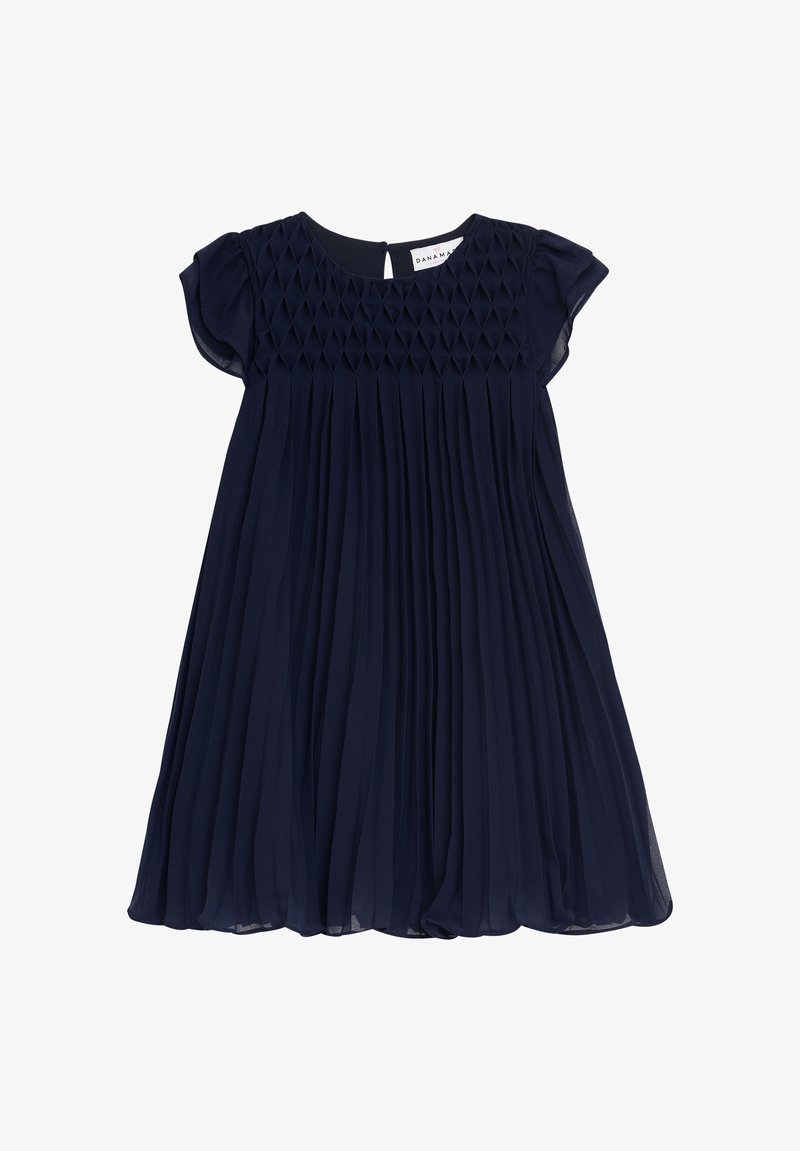 Königsblaues, plissiertes Kleid mit einem strukturierten Oberteil, kurzen Ärmeln und einem Schlüssellochverschluss auf der Rückseite. Aus leichtem Stoff gefertigt.