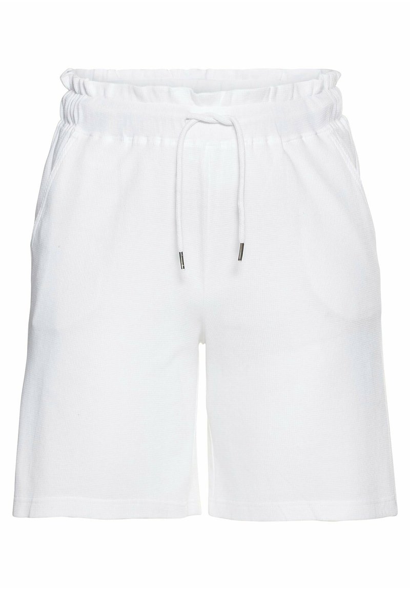 Shorts blancs en coton avec une taille élastique, un cordon de serrage et des poches latérales. Le tissu a une finition texturée. Coupe standard.
