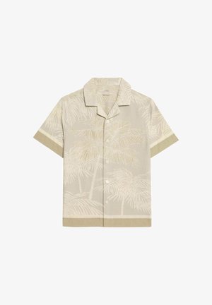 Camicetta a maniche corte con bottoni in beige chiaro, con motivo di palme, tessuto testurizzato e dettagli verdi a contrasto su polsini e orlo.