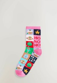 Julesok med farverige firkanter, der viser juleskinke, stjerner, peberkager, mistelten, slikstokke, gaver og festlig tekst "Ho Ho Ho" og "Fa La La".