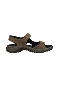 Brown leather sandal with adjustable straps, cushioned footbed, and durable rubber sole. Features cutouts for ventilation and flexibility.
