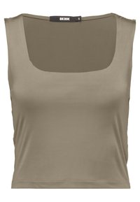 Ärmlös, kort topp i beige med fyrkantig halsringning, gjord av mjukt tyg, storlek small från BikBok.