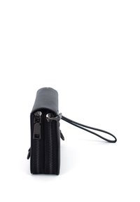 Black leather wallet featuring a sleek design, dual zippers, and a wrist strap for easy carrying. Smooth texture and minimal hardware.