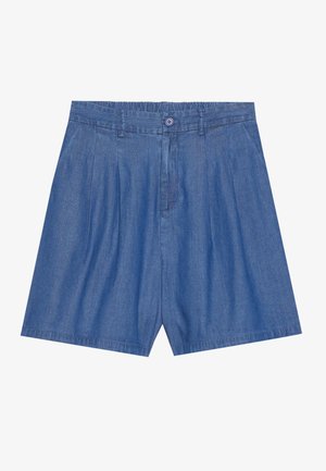 Spijker-short met een elastische tailleband, geplooide voorkant, blauwe stof en een enkele knoopsluiting. Heeft een rechte snit en afgewerkte randen.