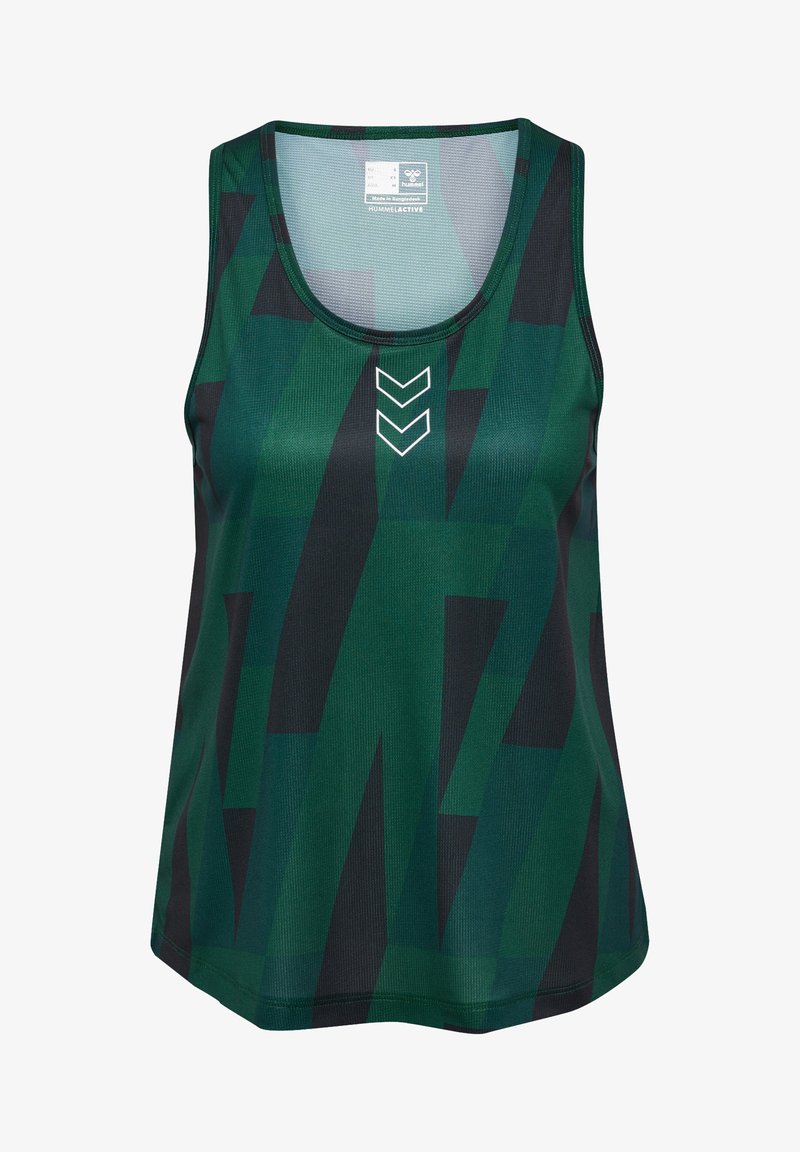 Groene tanktop met een geometrisch patroon, featuring donkere en lichte groene tinten. Het heeft een ronde halslijn en een witte chevron-detail op de voorkant.