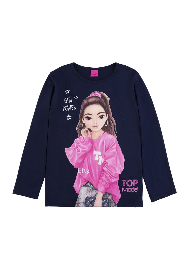 T-shirt a maniche lunghe blu navy con una grafica rosa che rappresenta una ragazza che indossa un maglione. Testo "GIRL POWER" e marchio "TOP Model" in basso.