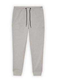 Pantalones de chándal grises con cintura elástica, cordón negro y dos bolsillos laterales; fabricados en una tela suave con puños acanalados.