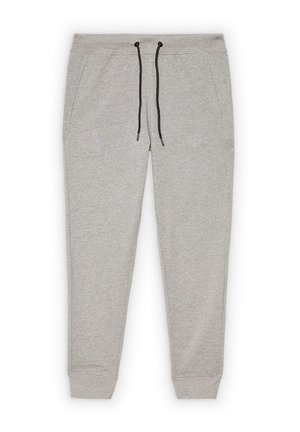 Pantalones de chándal grises con cintura elástica, cordón negro y dos bolsillos laterales; fabricados en una tela suave con puños acanalados.