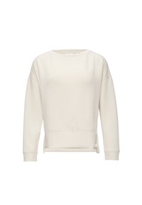 Light beige crewneck sweatshirt with long sleeves, loose fit, ribbed cuffs, and side slits at the hem. Smooth fabric texture.