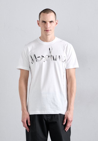 White cotton t-shirt featuring a stylized, metallic logo design across the chest, round neckline, and short sleeves.