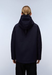 Navy blue hooded jacket with a soft texture, featuring a cinched hood and a half-zip closure. The design is relaxed with a straight cut.