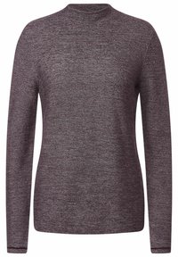 Langärmliger, hochgeschlossen Pullover in einer dunklen Mauve-Textur, mit einem dezenten Strickmuster und einer leicht taillierten Form. Keine sichtbaren Verschlüsse.