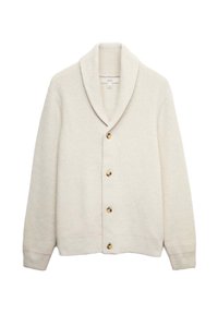 Cremfarbener Strickcardigan mit einem Schalkragen, strukturierter Webart und sechs goldfarbenen Knöpfen auf der Vorderseite. Eng anliegende Bündchen und Taillenbund.