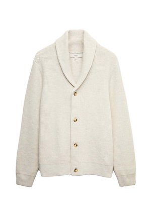 Kremowy sweter cardigan z kołnierzem szalowym, o teksturowanym splocie i sześciu złotych guzikach z przodu. Dopasowane mankiety i pas.