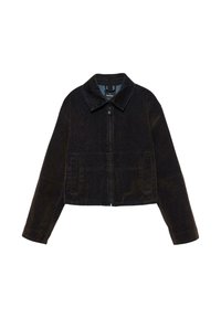Črna skrajšana denim jakna z ostrim ovratnikom, sprednjim zapiranjem na zadrgo in dvema stranskima žepoma. Mehka tekstura s subtilnim toniranim vzorcem.