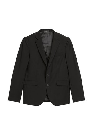 Schwarzer Blazer aus strukturiertem Stoff, mit Reverskragen, Zwei-Knopf-Verschluss und zwei Fronttaschen, versehen mit einem glatten Innenfutter.