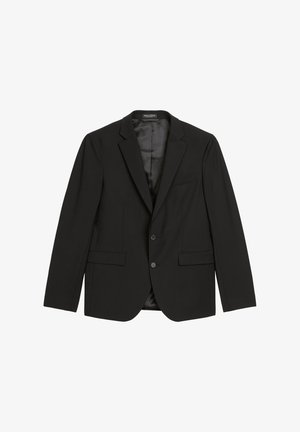 Blazer noir en tissu texturé, avec un revers à cran, une fermeture à deux boutons et deux poches avant, doté d'une doublure intérieure lisse.