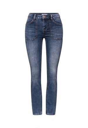 Jeans blu a vita bassa e taglio aderente in denim con tasche frontali a toppa, chiusura con bottoni e leggera sbiaditura su cosce e ginocchia.