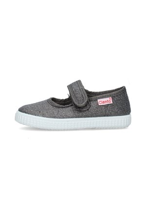 Scarpa Mary Jane in tessuto grigio scuro per bambini con suola in gomma bianca e cinturino in Velcro, etichetta del marchio sul lato.