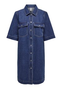 Denim shirt dress in dark blue with short sleeves, two chest pockets, and silver snap buttons down the front. Smooth, structured fabric.