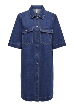 Donkerblauw denim shirtjurk met korte mouwen, twee borstzakken en zilveren drukknopen aan de voorkant. Glad, gestructureerd materiaal.