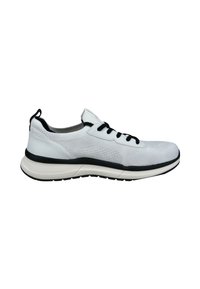 White athletic shoe with a smooth fabric upper, black laces, and a contrasting black sole; features a low profile and perforated accents.