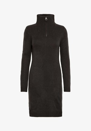 Adīts melns kleitas džemperis ar augstu ribotu apkakli, ar rāvējslēdzēju, garām piedurknēm un ribotu apakšmalu. Tekstūrēta auduma ar piegulošu siluetu.