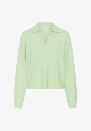 Jersey de punto verde claro con escote en V y cuello vuelto. Presenta mangas largas y una tela suave y texturizada.