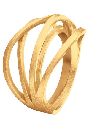 Guld ring med flere overlappende buede bånd og en tekstureret mat finish.