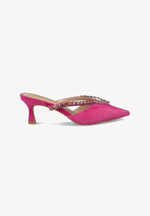 Pink suede high-heel mules with a pointed toe and a decorative strap featuring pink and clear gemstones across the instep.