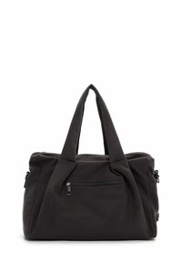 Borsa a tracolla nera in tessuto con doppie maniglie, tasca frontale con zip e design angolare. Texture liscia con finitura opaca. Chiusura superiore con zip.