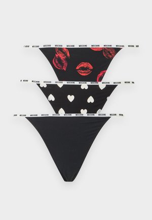 Lot de trois strings noirs pour femmes avec ceinture à logo Moschino ; motifs comprenant lèvres rouges, cœurs blancs et noir uni.