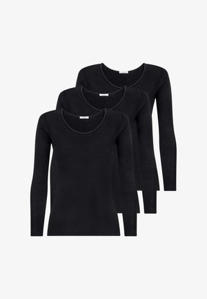 Tre t-shirt a maniche lunghe nere con scollatura rotonda, caratterizzate da una texture liscia e un design aderente. Nessun logo o motivo visibile.