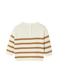 Strickpullover in Creme mit braunen horizontalen Streifen. Verfügt über einen runden Halsausschnitt und einen Knopfverschluss auf der Rückseite. Kurze Ärmel.