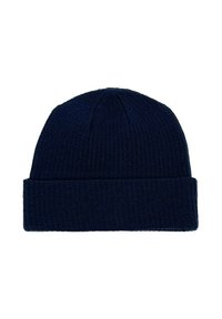 Cappello beanie lavorato a maglia di colore blu navy con risvolto. Presenta un motivo testurizzato e una parte superiore senza cuciture. Materiale morbido e elastico adatto per il calore.