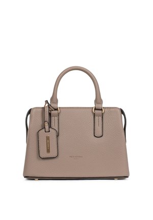 Borsa in pelle taupe con due manici, accessori dorati, etichetta del marchio e logo Hexagona Paris al centro anteriore.