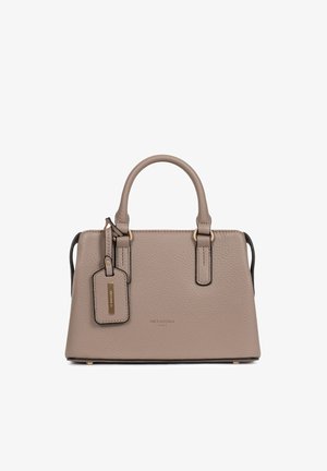 Taupekleurige leren handtas met twee handgrepen, gouden beslag, merketiket en Hexagona Paris-logo centraal aan de voorkant.