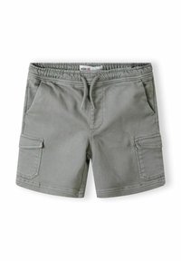 Grå cargoshorts i bomullsblandning, med elastisk midja, dragsko, två framfickor och en sidoficka med klaff.