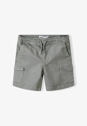 Shorts cargo gris en mélange de coton, avec une taille élastique, un cordon de serrage, deux poches avant et une poche latérale avec rabat.