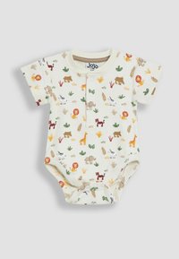 Vauvan lyhythihainen body, kerma beige värikkäillä eläinkuosilla, jossa on napitus ja pehmeä, ribbitekstuuri.