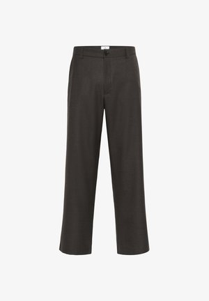 Dark brown tailored trousers made of a smooth fabric. Features a button closure, side pockets, and a straight-leg design.