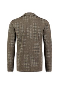 Blazer marrón texturizado con un patrón de espiga, solapa con muesca, abertura trasera sencilla y dos bolsillos laterales.