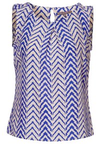 Bezramieniowa bluzka w białym i niebieskim kolorze, z wzorem w zygzaki. Szczegółowe wycięcie w kształcie klucza z tyłu i lekko teksturowany materiał.