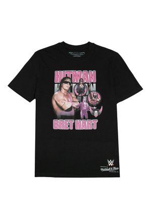 Schwarzes Baumwoll-T-Shirt mit einem grafischen Druck des Wrestlers Bret Hart, mit pinkem Text "HITMAN" und mehreren kreisförmigen Bildern von Hart.